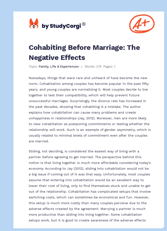 Cohabiting Before Marriage: The Negative Effects. Page 1