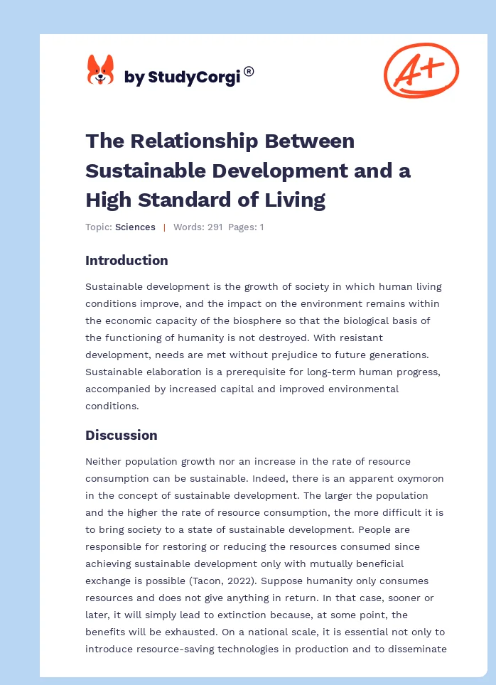 The Relationship Between Sustainable Development and a High Standard of Living. Page 1