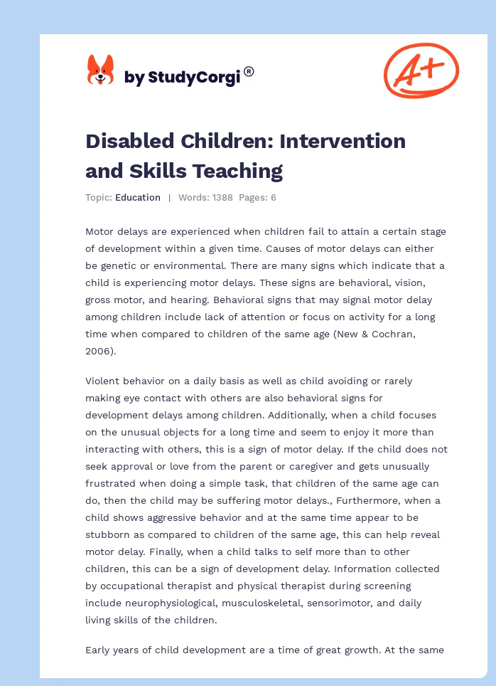 Disabled Children: Intervention and Skills Teaching. Page 1