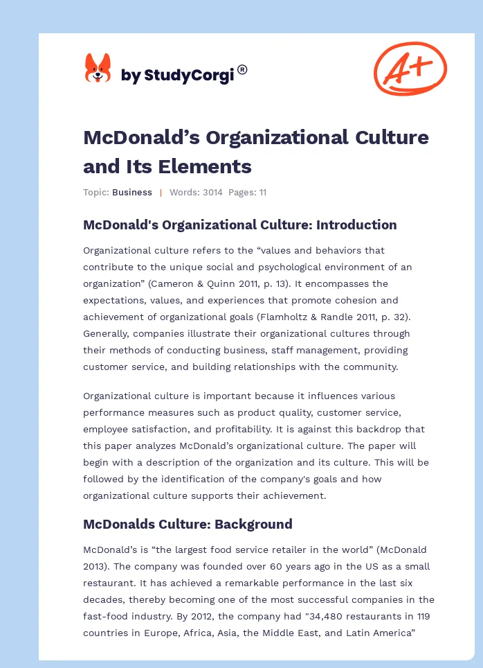 McDonald’s Organizational Culture and Its Elements. Page 1