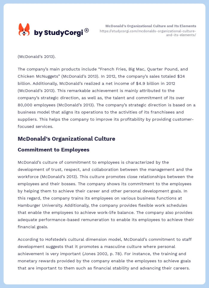 McDonald’s Organizational Culture and Its Elements. Page 2