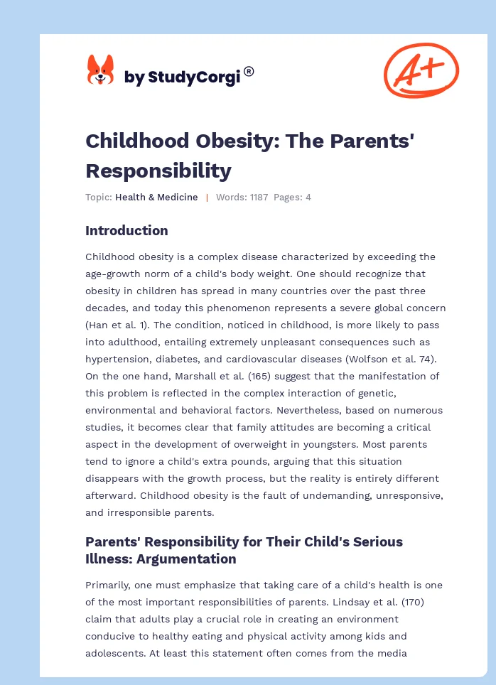 Childhood Obesity: The Parents' Responsibility. Page 1