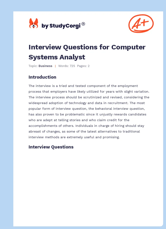 Interview Questions for Computer Systems Analyst. Page 1