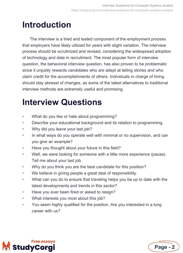 Interview Questions for Computer Systems Analyst. Page 2