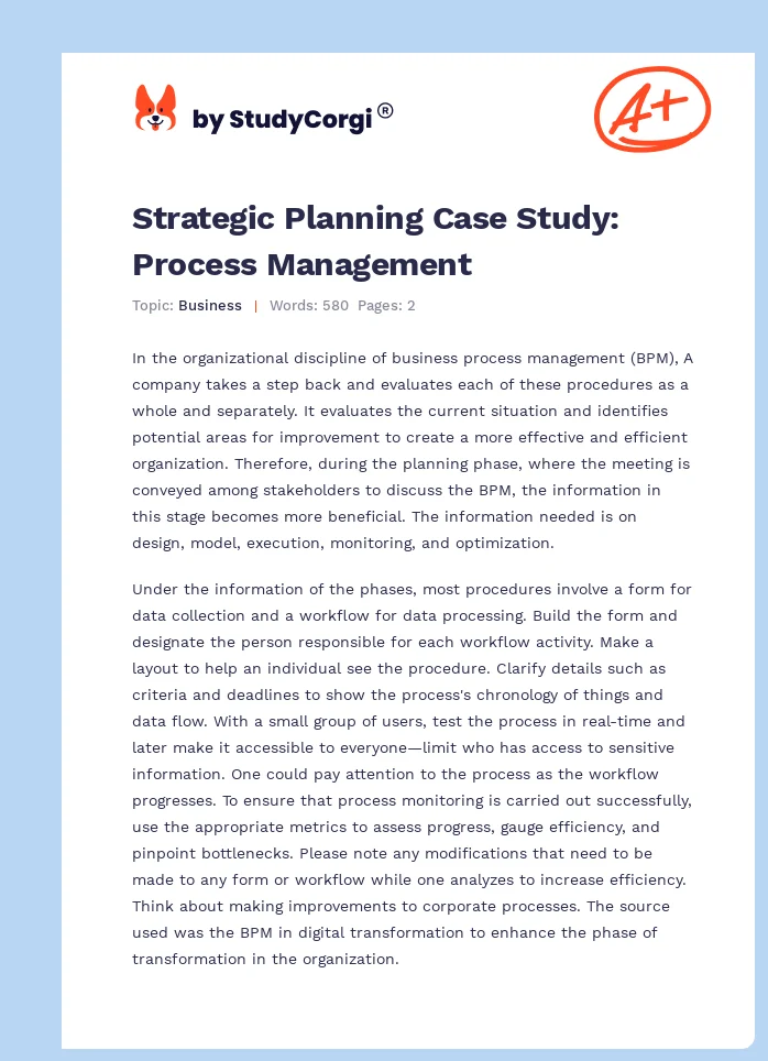 Strategic Planning Case Study: Process Management. Page 1