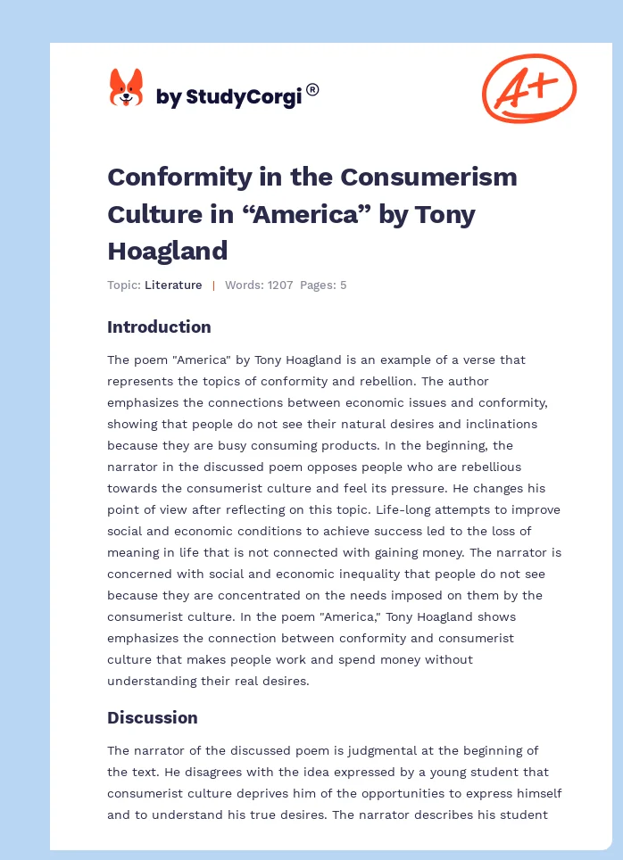 Conformity in the Consumerism Culture in “America” by Tony Hoagland. Page 1