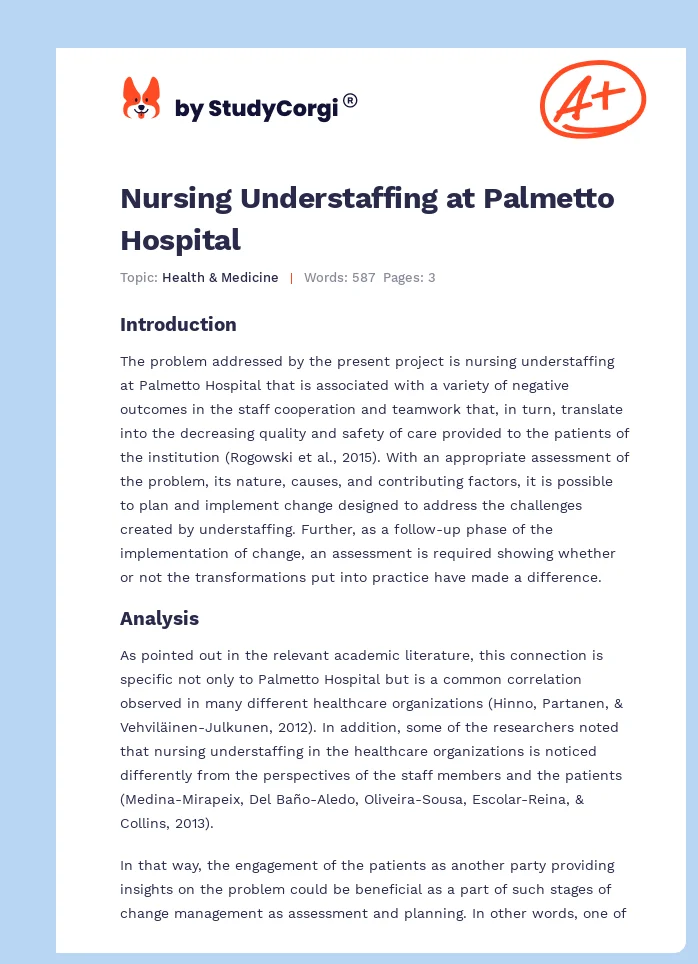 Nursing Understaffing at Palmetto Hospital. Page 1