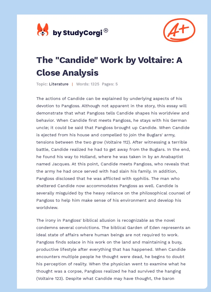 The "Candide" Work by Voltaire: A Close Analysis. Page 1