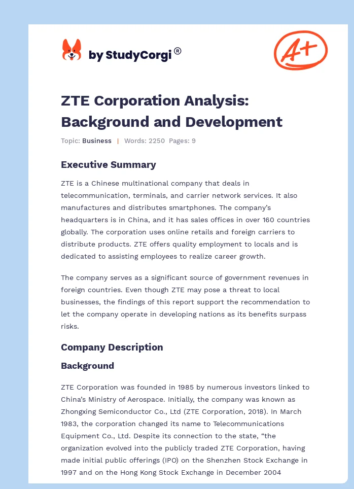 ZTE Corporation Analysis: Background and Development. Page 1