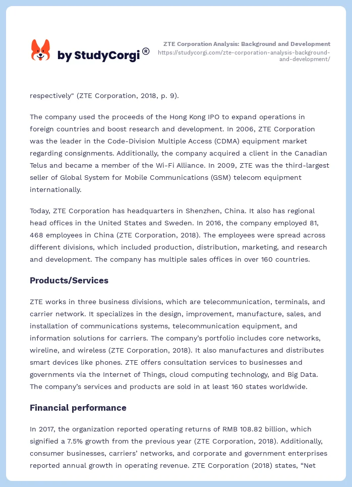 ZTE Corporation Analysis: Background and Development. Page 2