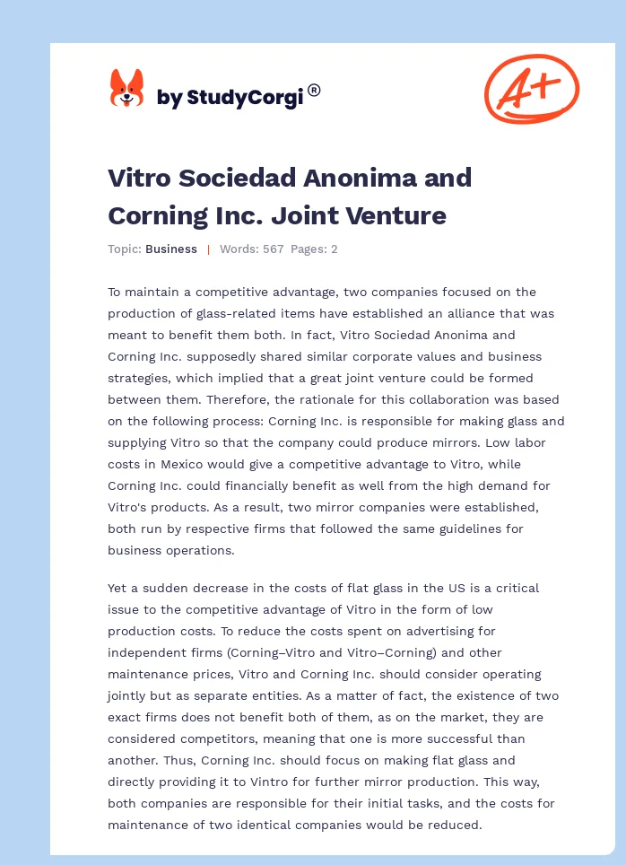 Vitro Sociedad Anonima and Corning Inc. Joint Venture. Page 1