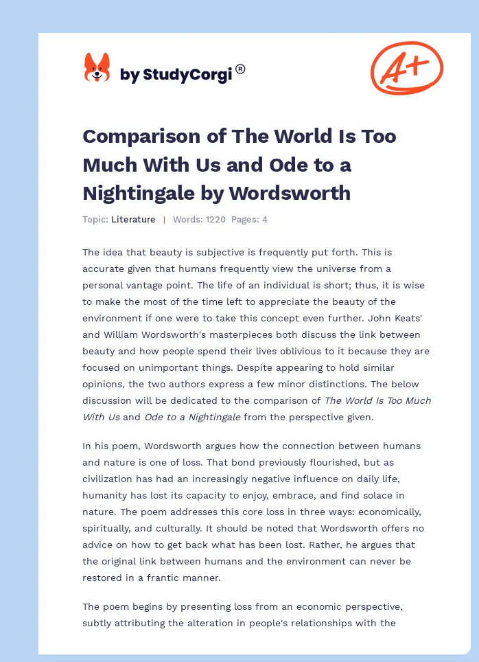 Comparison of The World Is Too Much With Us and Ode to a Nightingale by Wordsworth. Page 1