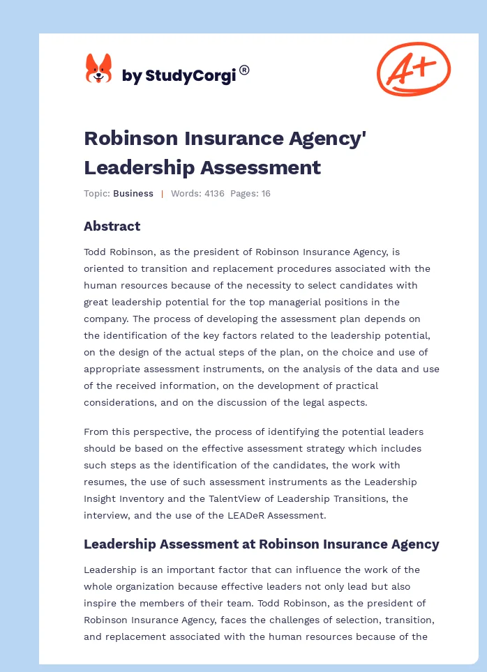 Robinson Insurance Agency' Leadership Assessment. Page 1