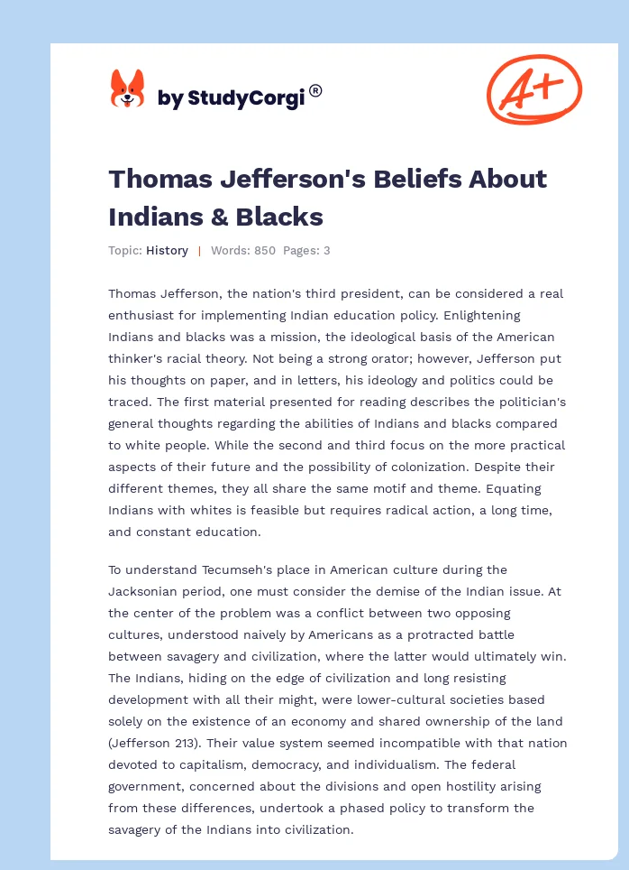 Thomas Jefferson's Beliefs About Indians & Blacks. Page 1