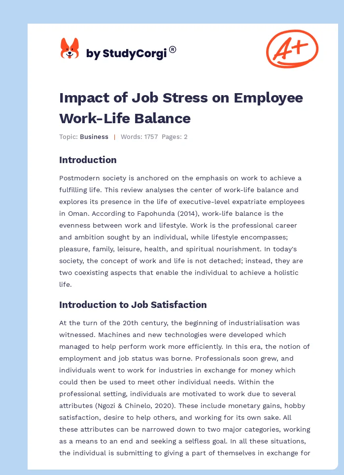 Impact of Job Stress on Employee Work-Life Balance. Page 1