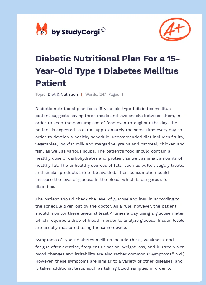 Diabetic Nutritional Plan For a 15-Year-Old Type 1 Diabetes Mellitus Patient. Page 1