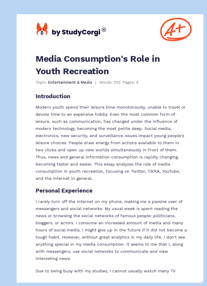Media Consumption's Role in Youth Recreation. Page 1