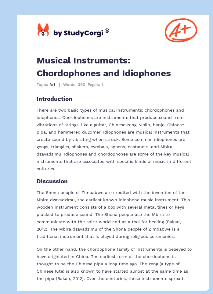 Musical Instruments: Chordophones and Idiophones | Free Essay Example