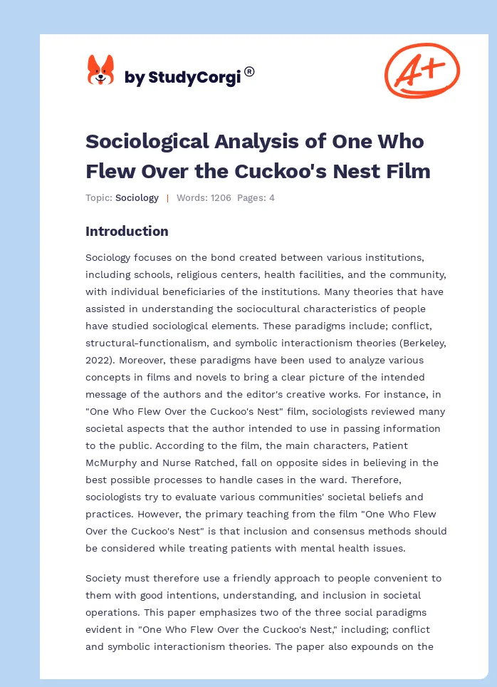 Sociological Analysis of One Who Flew Over the Cuckoo's Nest Film. Page 1