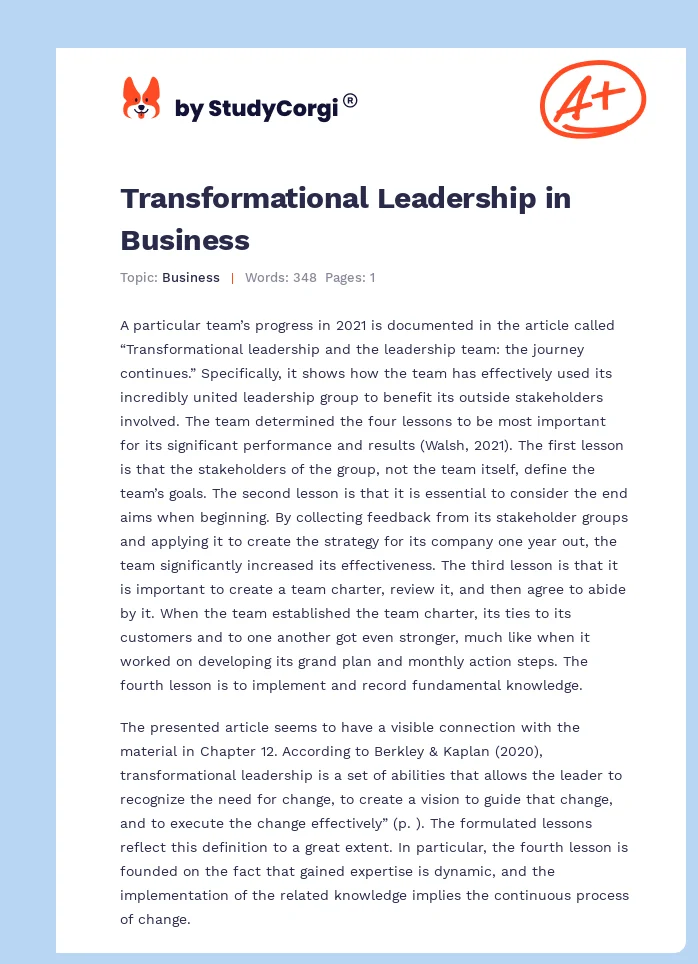 Transformational Leadership in Business. Page 1