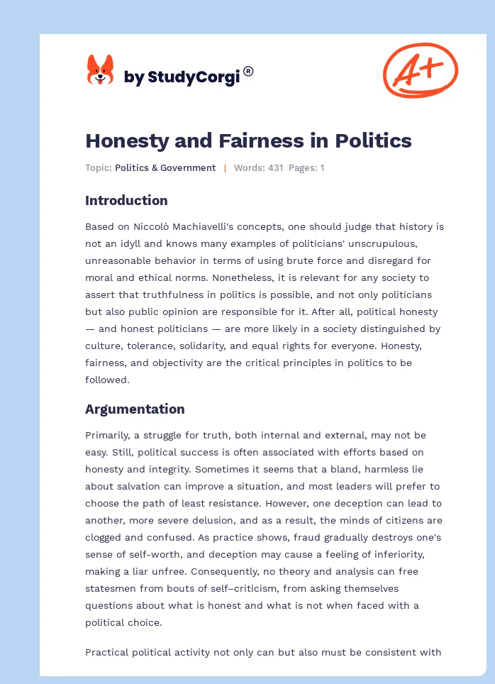 Honesty and Fairness in Politics. Page 1