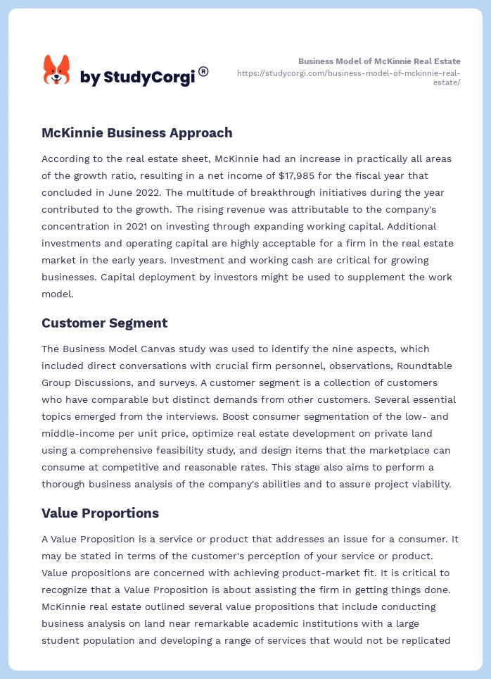 Business Model of McKinnie Real Estate. Page 2