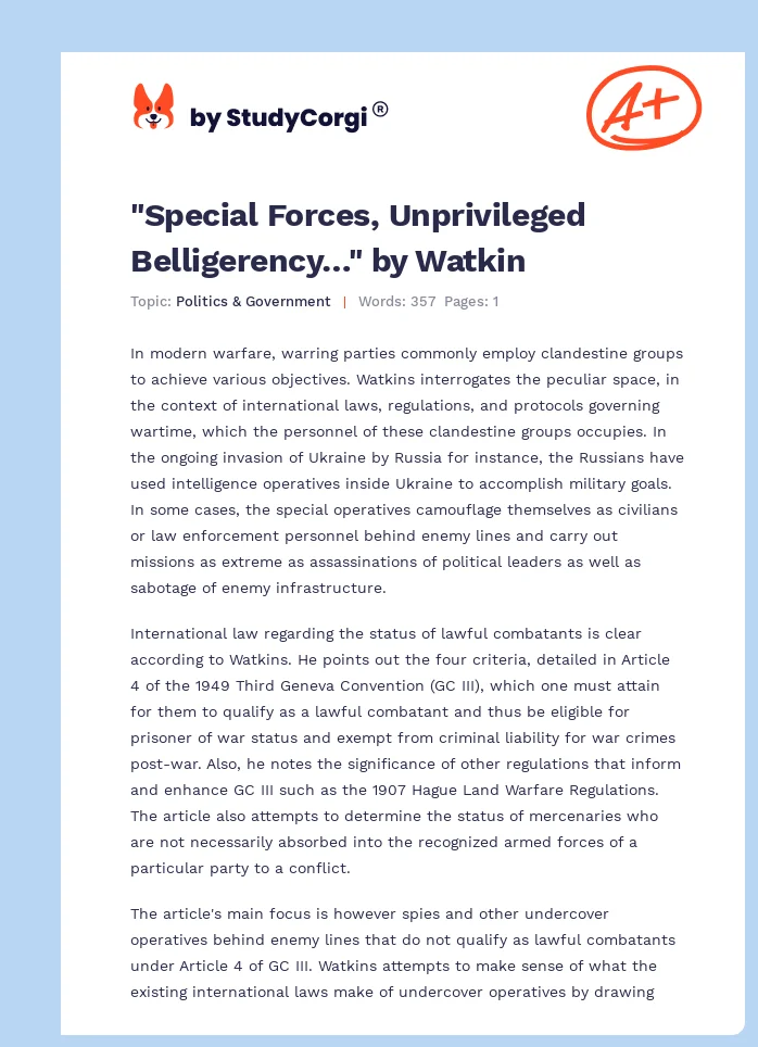 "Special Forces, Unprivileged Belligerency…" by Watkin. Page 1