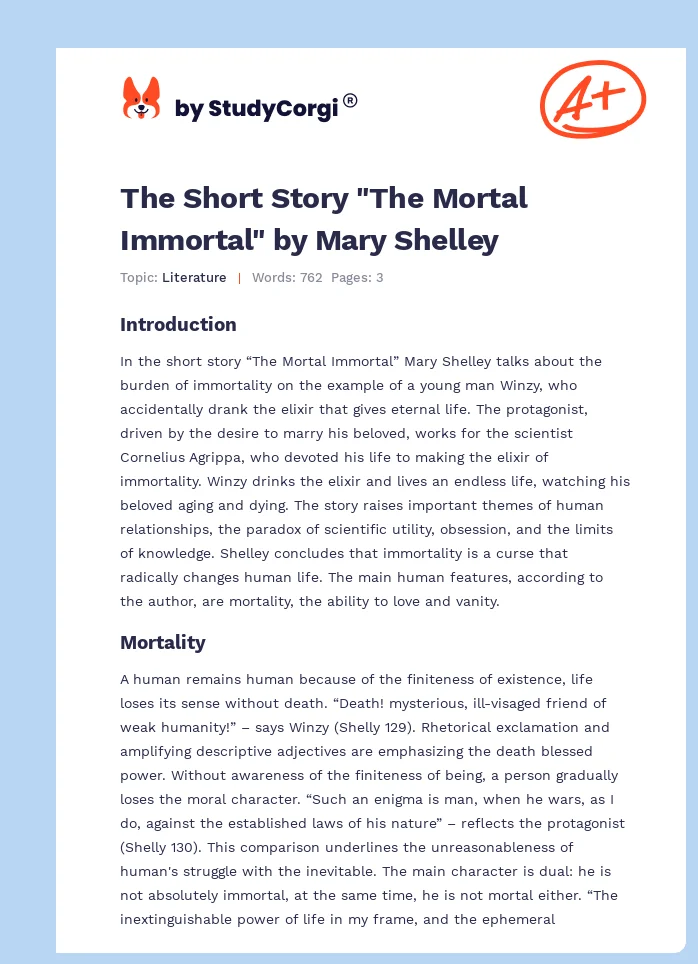 The Short Story "The Mortal Immortal" by Mary Shelley. Page 1