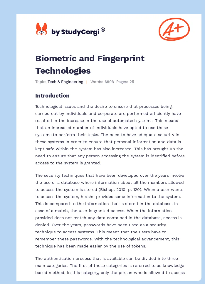 Biometric and Fingerprint Technologies. Page 1