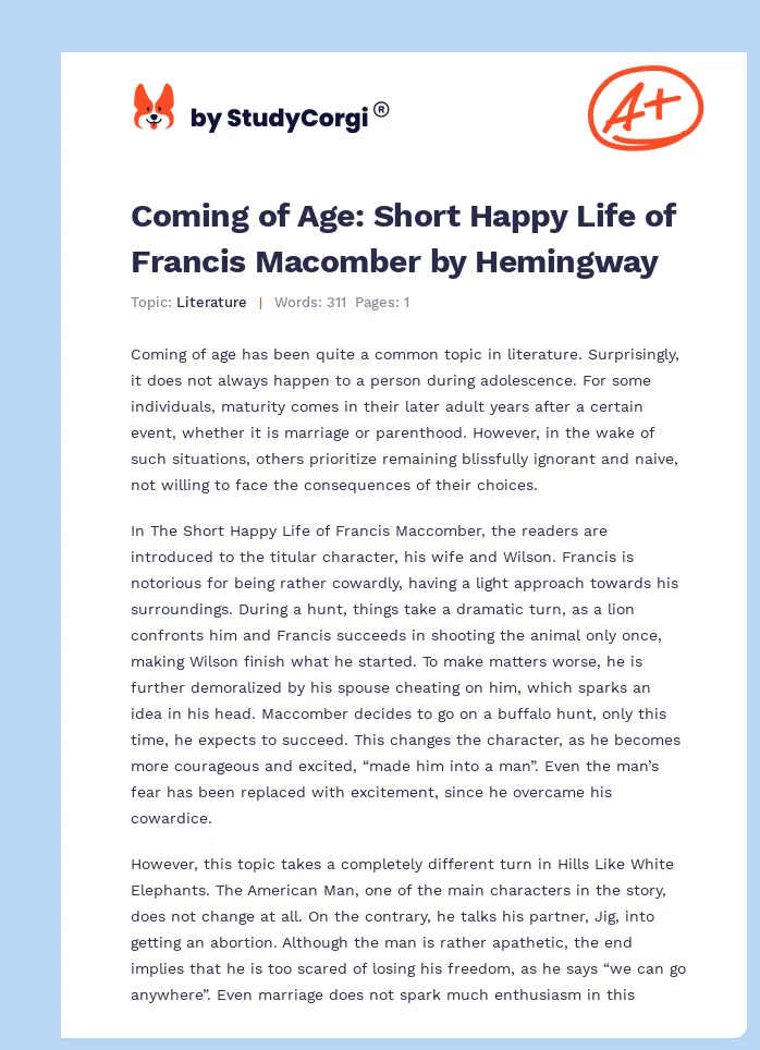 Coming of Age: Short Happy Life of Francis Macomber by Hemingway. Page 1