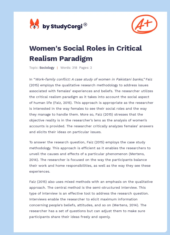 Women's Social Roles in Critical Realism Paradigm. Page 1