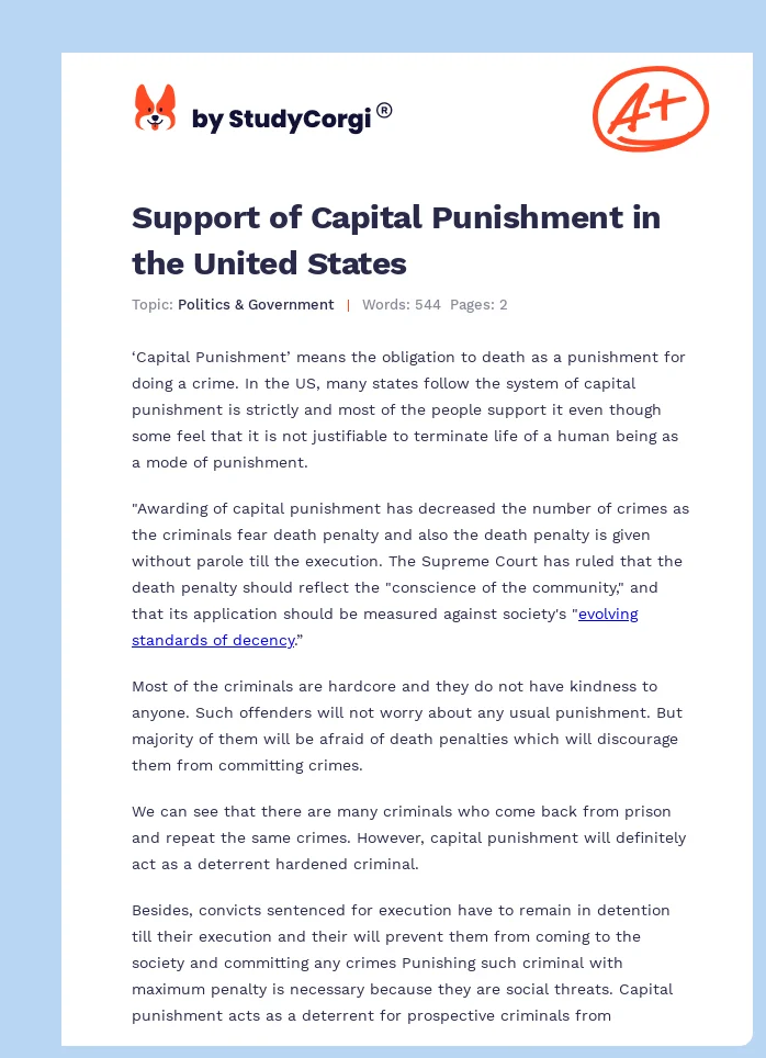 Support of Capital Punishment in the United States. Page 1