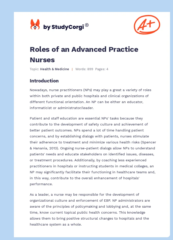 Roles of an Advanced Practice Nurses. Page 1