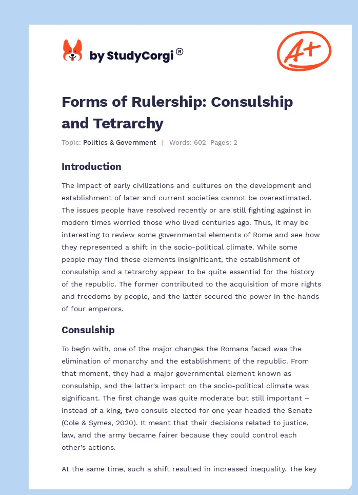 Forms of Rulership: Consulship and Tetrarchy. Page 1