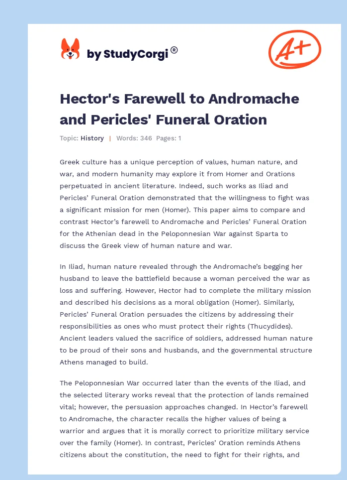 Hector's Farewell to Andromache and Pericles' Funeral Oration. Page 1