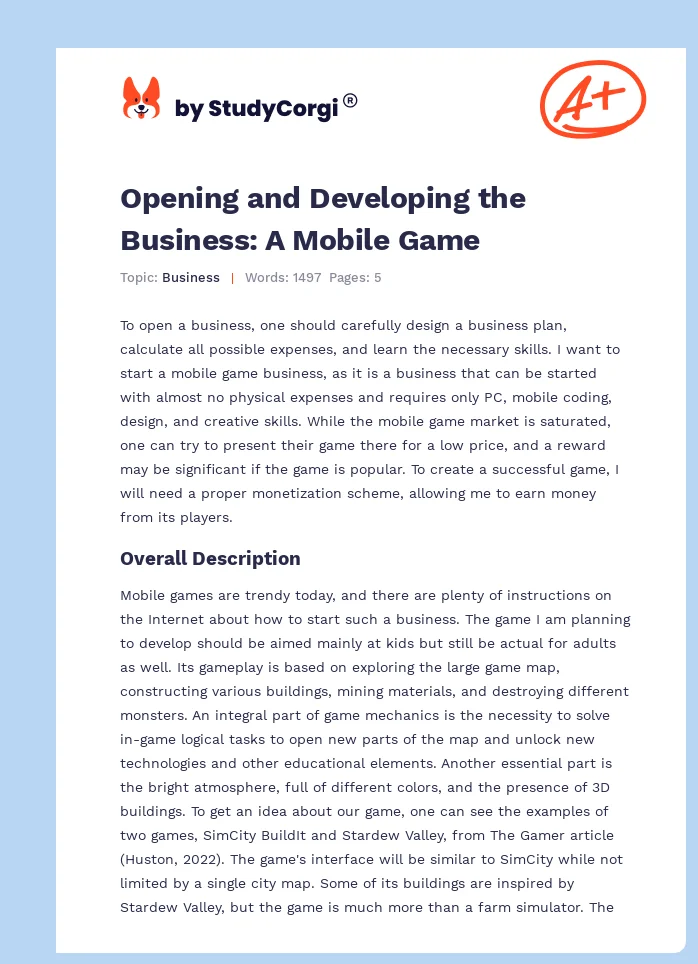 Opening and Developing the Business: A Mobile Game. Page 1