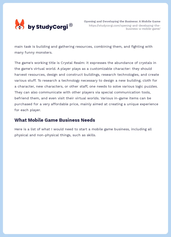 Opening and Developing the Business: A Mobile Game. Page 2