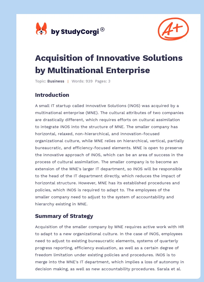 Acquisition of Innovative Solutions by Multinational Enterprise. Page 1