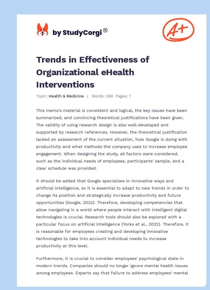Trends in Effectiveness of Organizational eHealth Interventions. Page 1