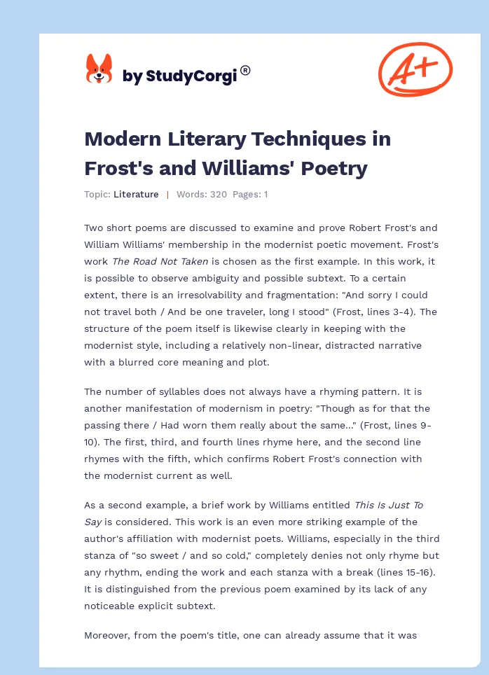 Modern Literary Techniques in Frost's and Williams' Poetry. Page 1