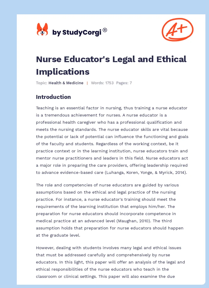 Nurse Educator's Legal and Ethical Implications. Page 1