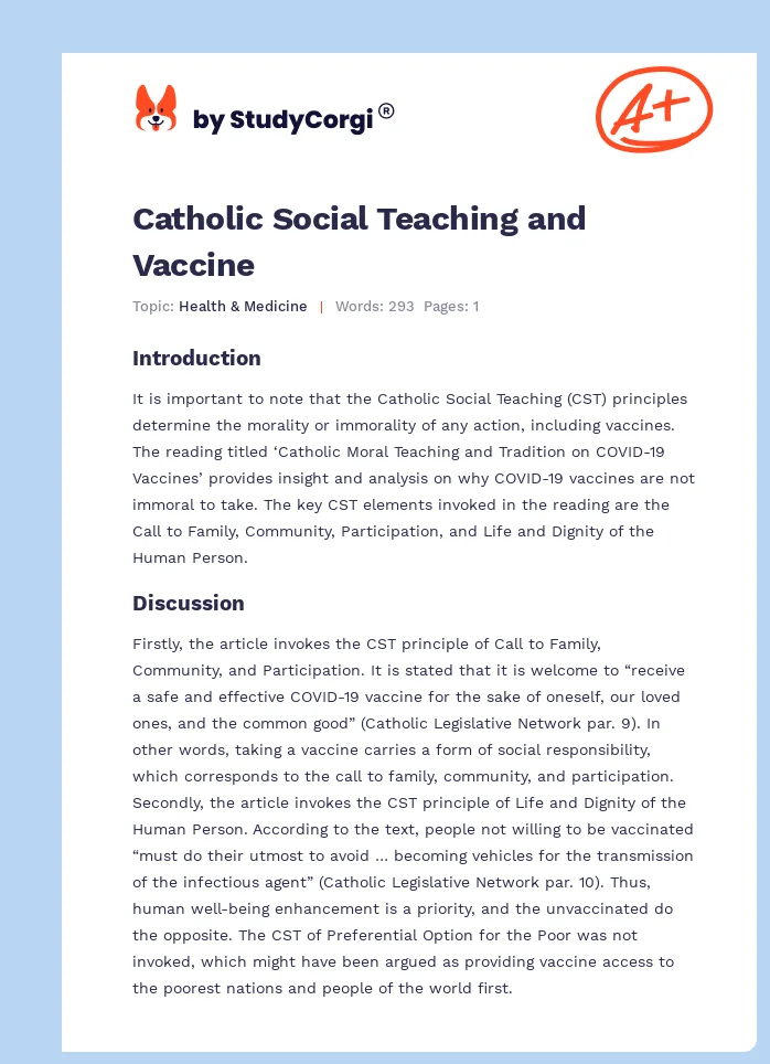 Catholic Social Teaching and Vaccine. Page 1