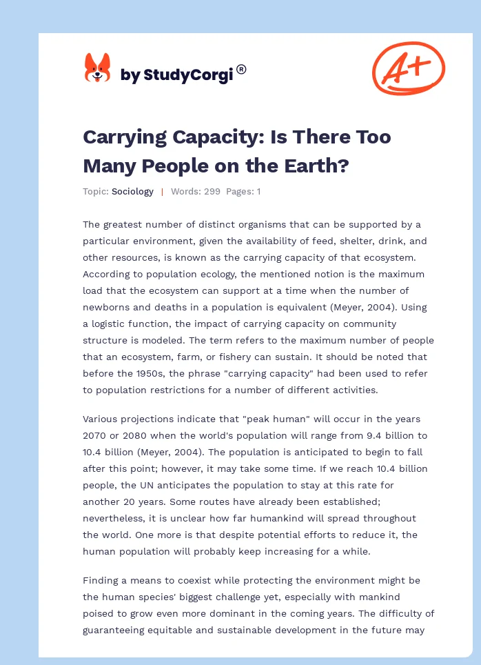 Carrying Capacity: Is There Too Many People on the Earth?. Page 1