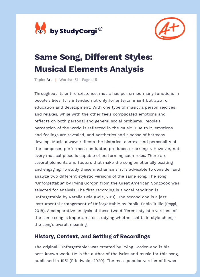Same Song, Different Styles: Musical Elements Analysis. Page 1