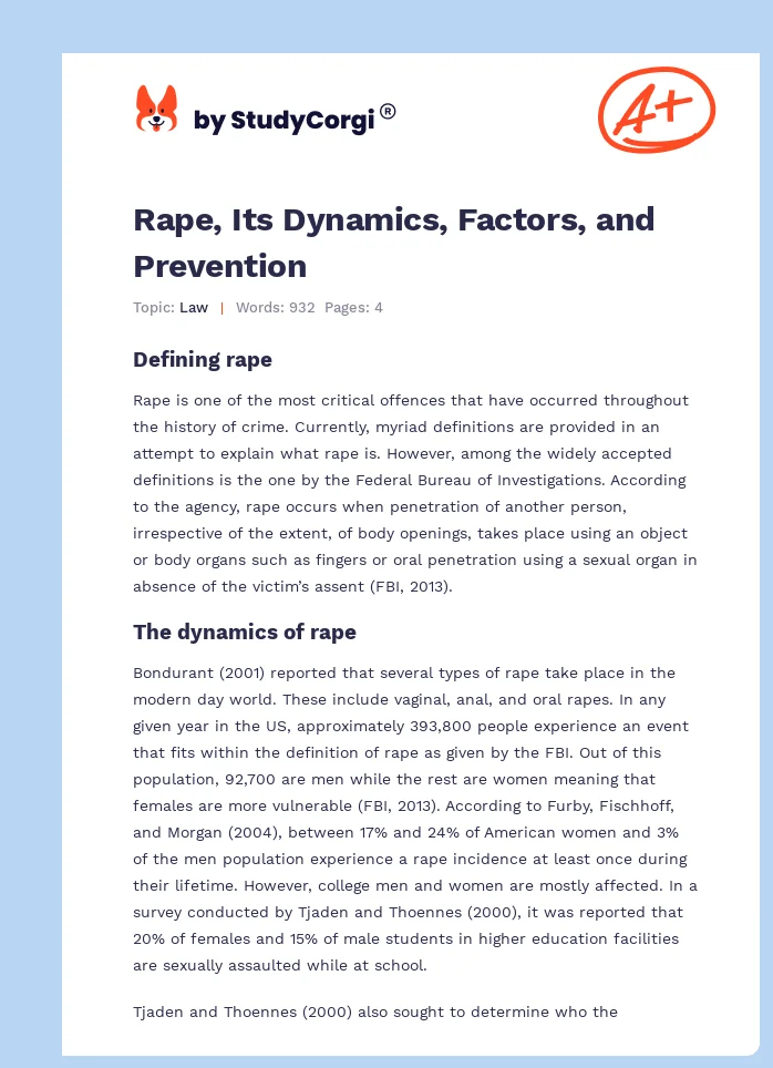 Rape, Its Dynamics, Factors, and Prevention. Page 1