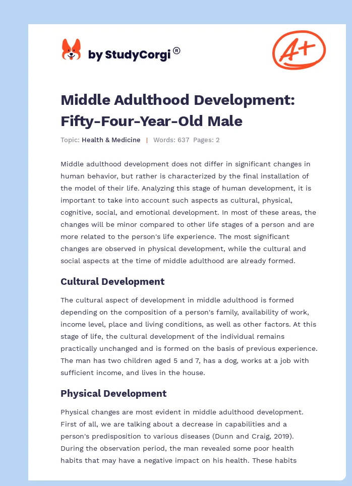 Middle Adulthood Development: Fifty-Four-Year-Old Male. Page 1