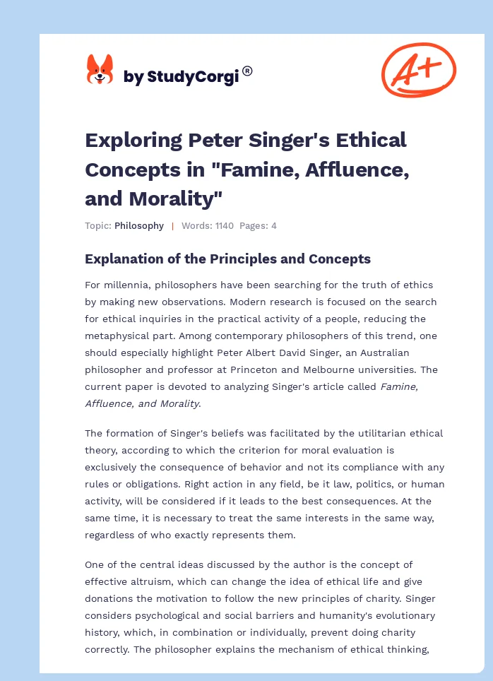 Exploring Peter Singer's Ethical Concepts in "Famine, Affluence, and Morality". Page 1