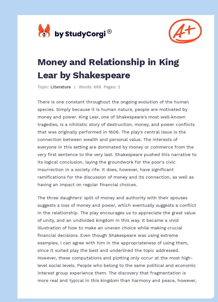 Money and Relationship in King Lear by Shakespeare. Page 1