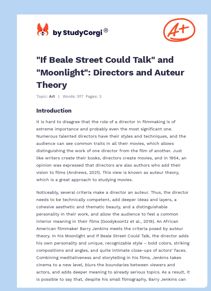 "If Beale Street Could Talk" and "Moonlight": Directors and Auteur Theory. Page 1