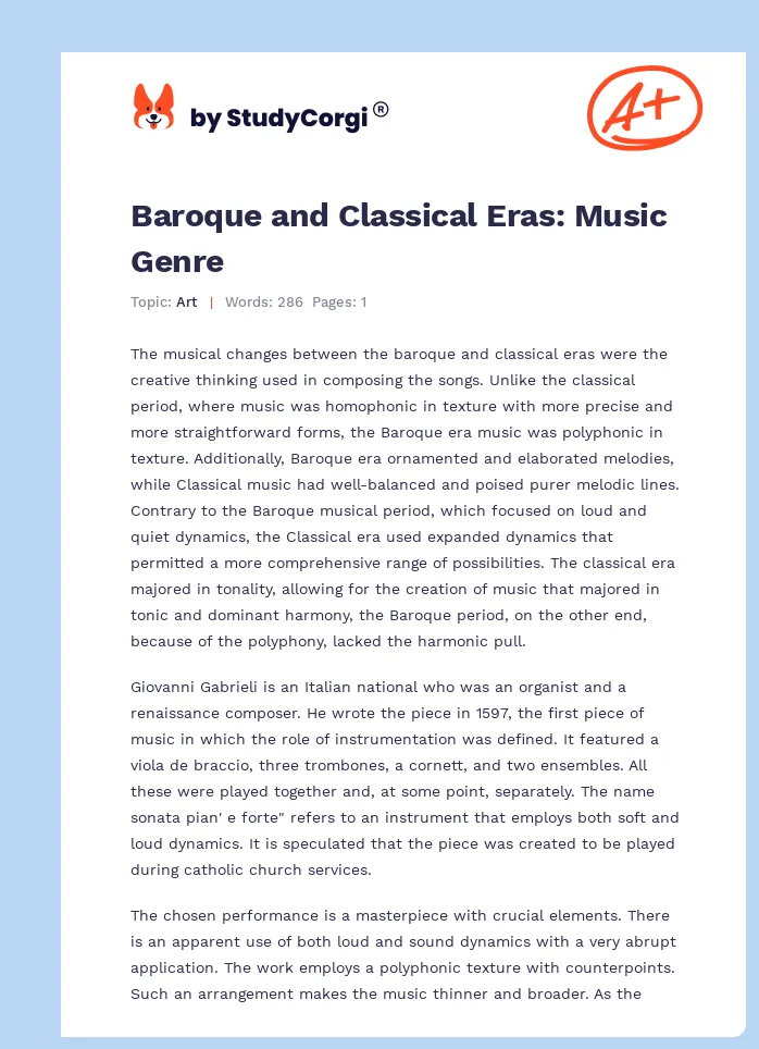 Baroque and Classical Eras: Music Genre. Page 1